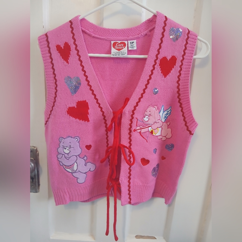2/$10 Care Bears Knit Vest Valentine Cupid Hearts Cute Teen Womens Clothing